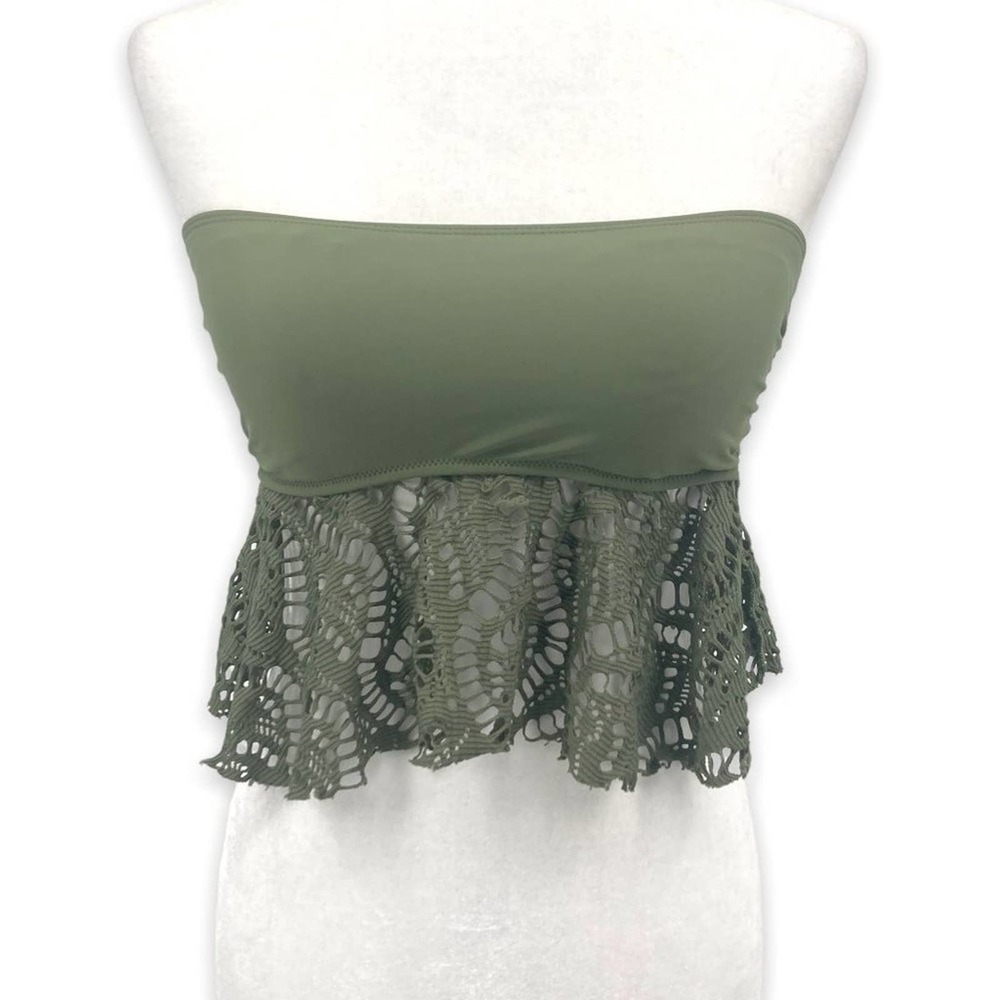 Aerie Olive Strapless Lightly Padded Bandeau Top with Ruffle Lace Trim